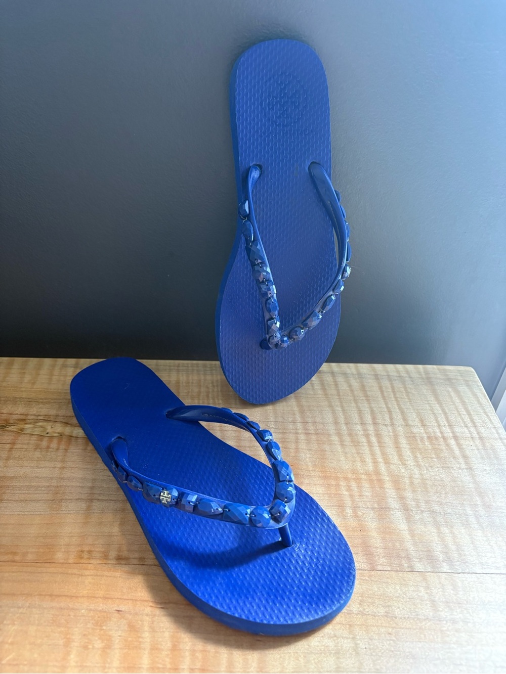 Tory Burch Blue Beaded-Strap Women's Flip Flops 7.5